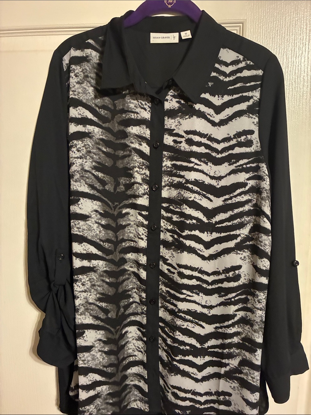Susan Graver Black and Gray Zebra-Print Button Front Tunic Blouse